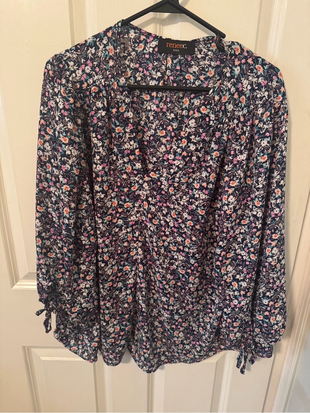 Renee C. Navy Floral V-Neck Long Sleeve Blouse